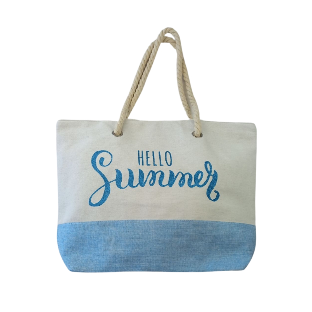 Τσάντα Θαλάσσης Im Linen & Canvas Λευκό-Γαλάζιο Hello Summer 52x38x15cm