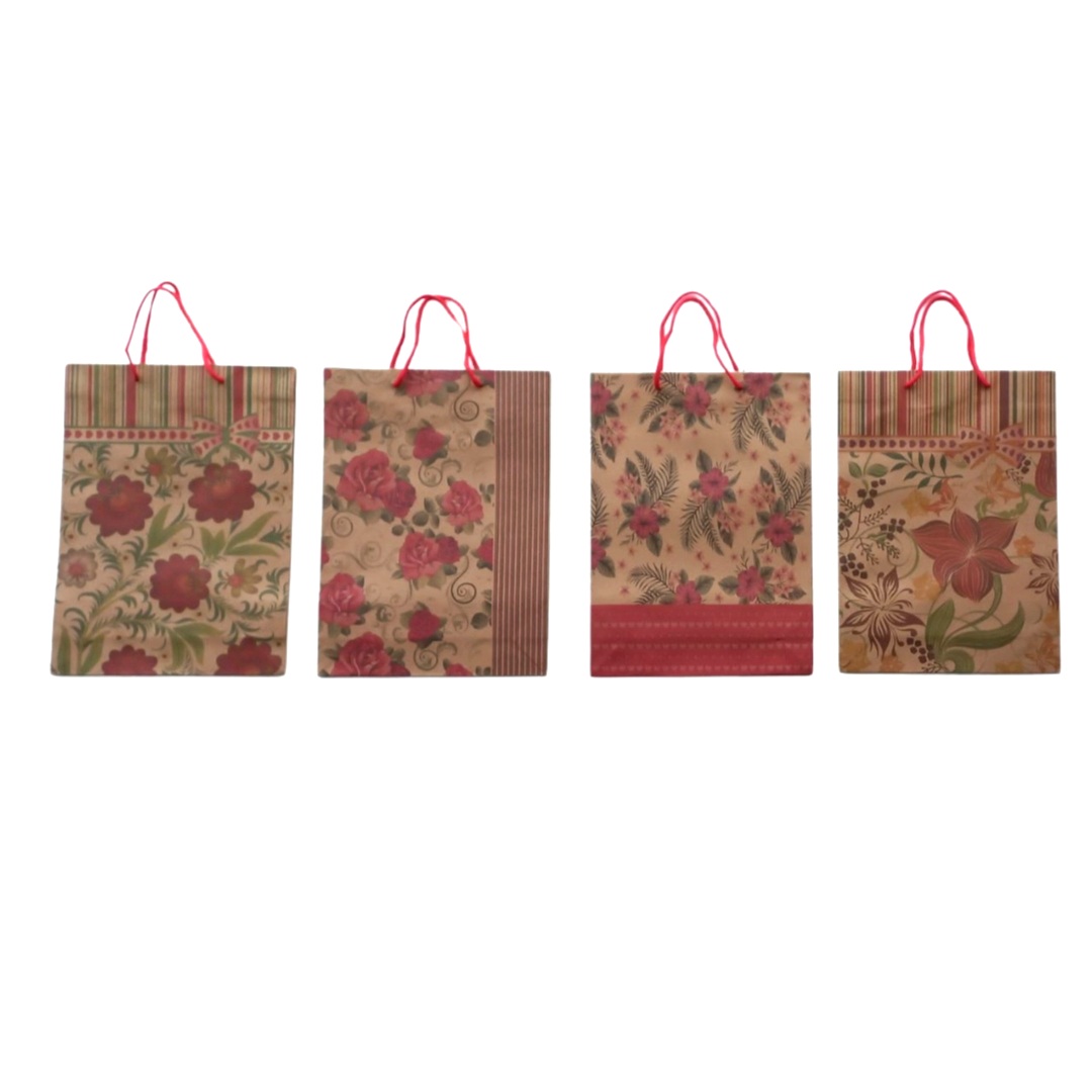 Τσάντα Δώρου Kraft Μπορντό-Μπέζ Λουλούδια Διάφορα Σχέδια 15x6x20cm